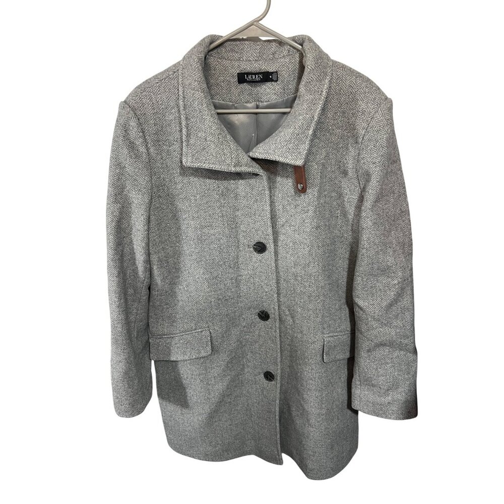 Lauren Ralph Lauren Womens Gray Herringbone Wool-Blend Coat W/ Button Closure &